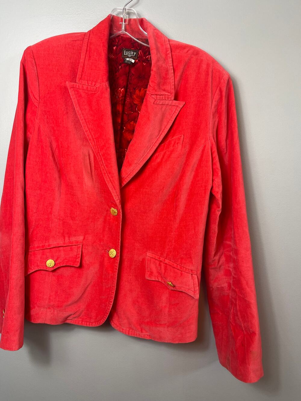 Lucky Brand Women's Velvet Blazer Jacket Salmon Red Floral Lined Gold Buttons